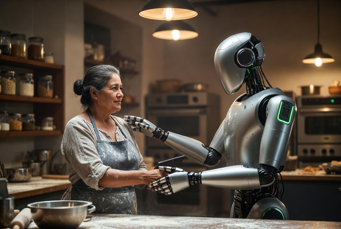 An owner reviewing the business with an AI partner in the kitchen of a small operation.