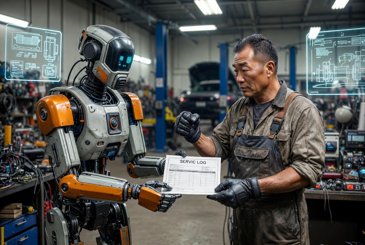 An operator and an AI system reviewing a service log together.