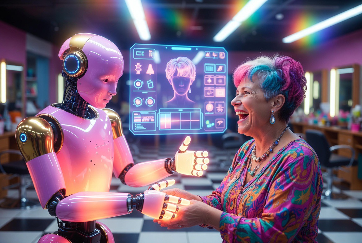 A salon owner laughing with an AI partner mid-consult.