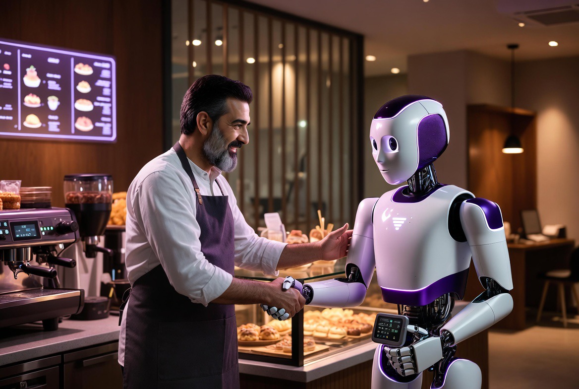 A cafe owner working alongside an AI partner during a morning shift.