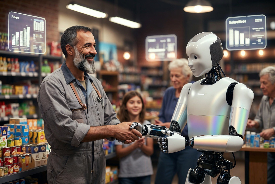 A small business owner and an AI partner working together at the counter.