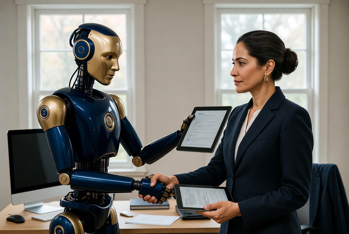 An owner shaking hands with an AI system in a professional office.
