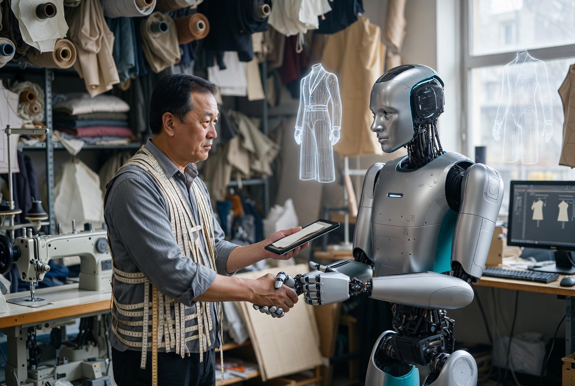 A tailor and an AI partner reviewing patterns together.