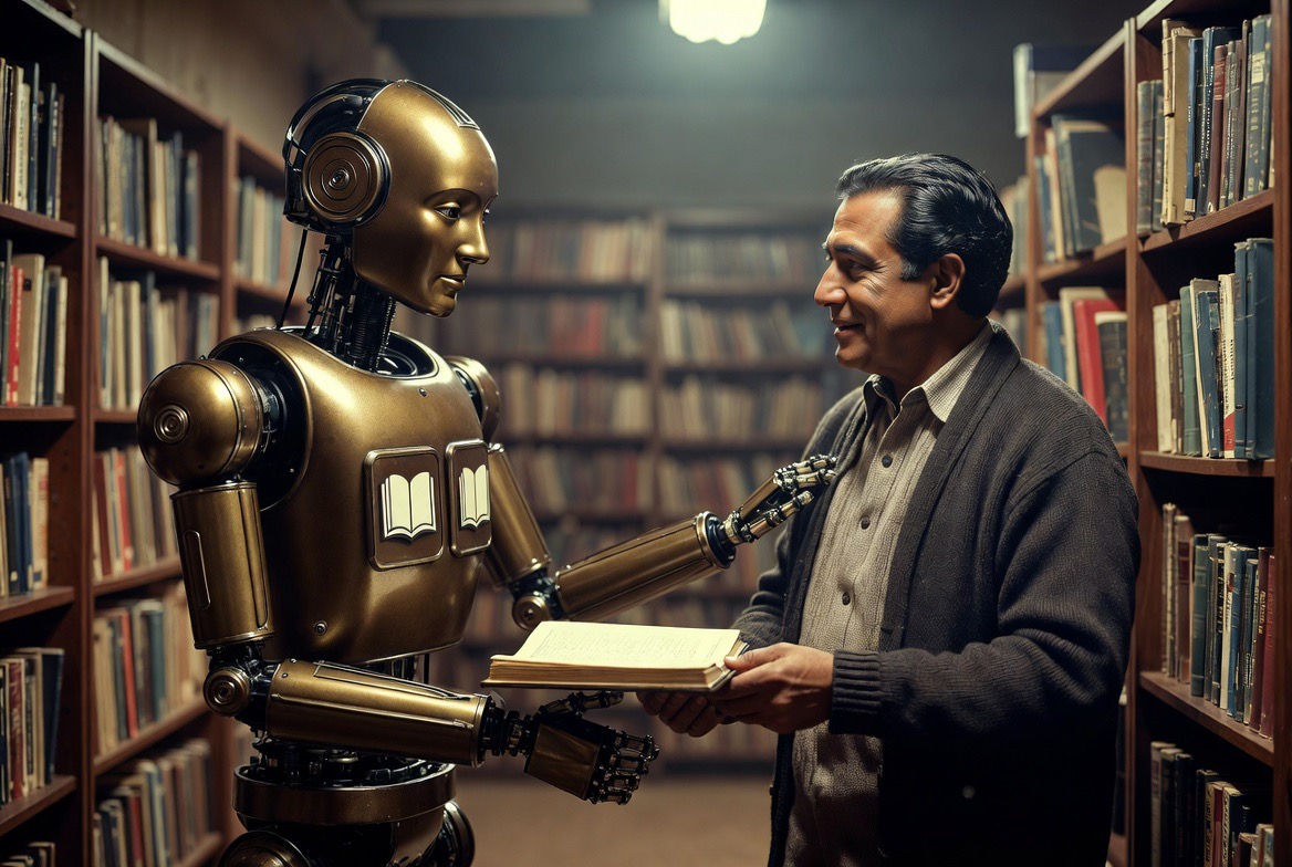 An owner consulting an AI system in a library of reference material.